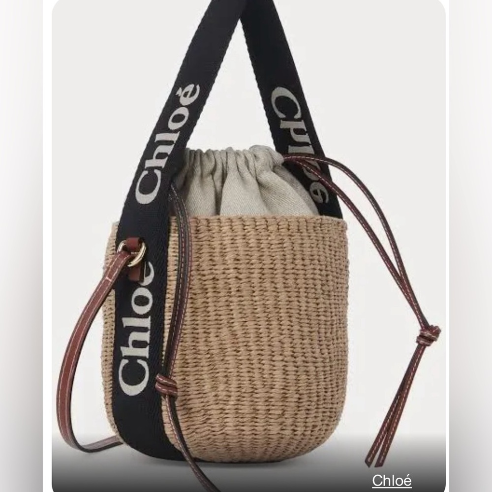 Chloé Woven Straw Bucket Bag with Black Logo Strap and Brown Leather Trim